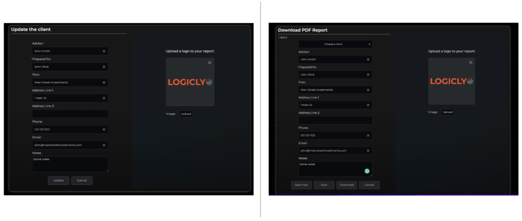 Image shows two LOGICLY platform screenshots, side by side. The first image shows how advisor can update client information in the Security Overview PDF printing module. The second image shows how PDF reports can be downloaded.