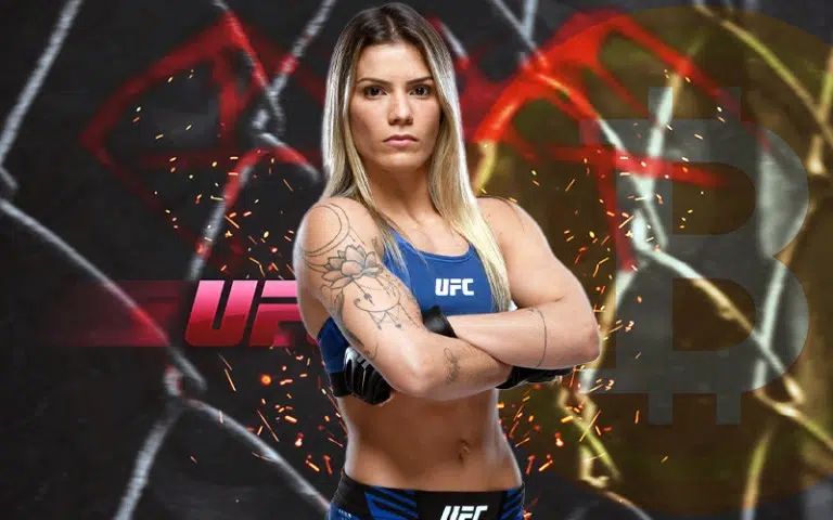 Image is a dark background with female UFC fighter Luana Pinheiro, who is now receiving her salary in the form of Bitcoin. 