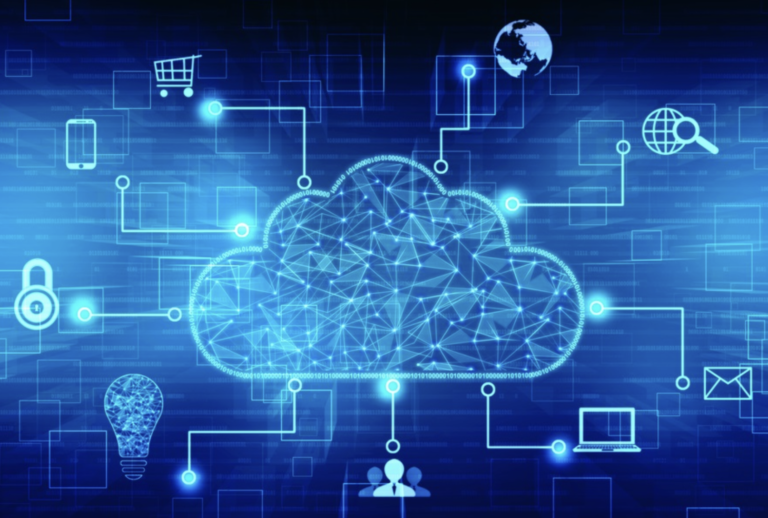 Image has a dark blue background and illustrates the cloud concept. 